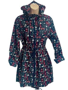 Denim & Co. Pocket Parka Blue Red Lightweight Polyester  London-themed O/S Small
